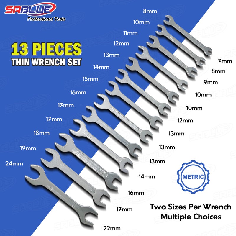 SABLUE Super-Thin Open End Wrench Set, Metric 13-Piece, 7mm to 24mm, Ultra-Slim Design, Double Ended Cone Wrench Spanner Tool Kit (A01) - Image 2